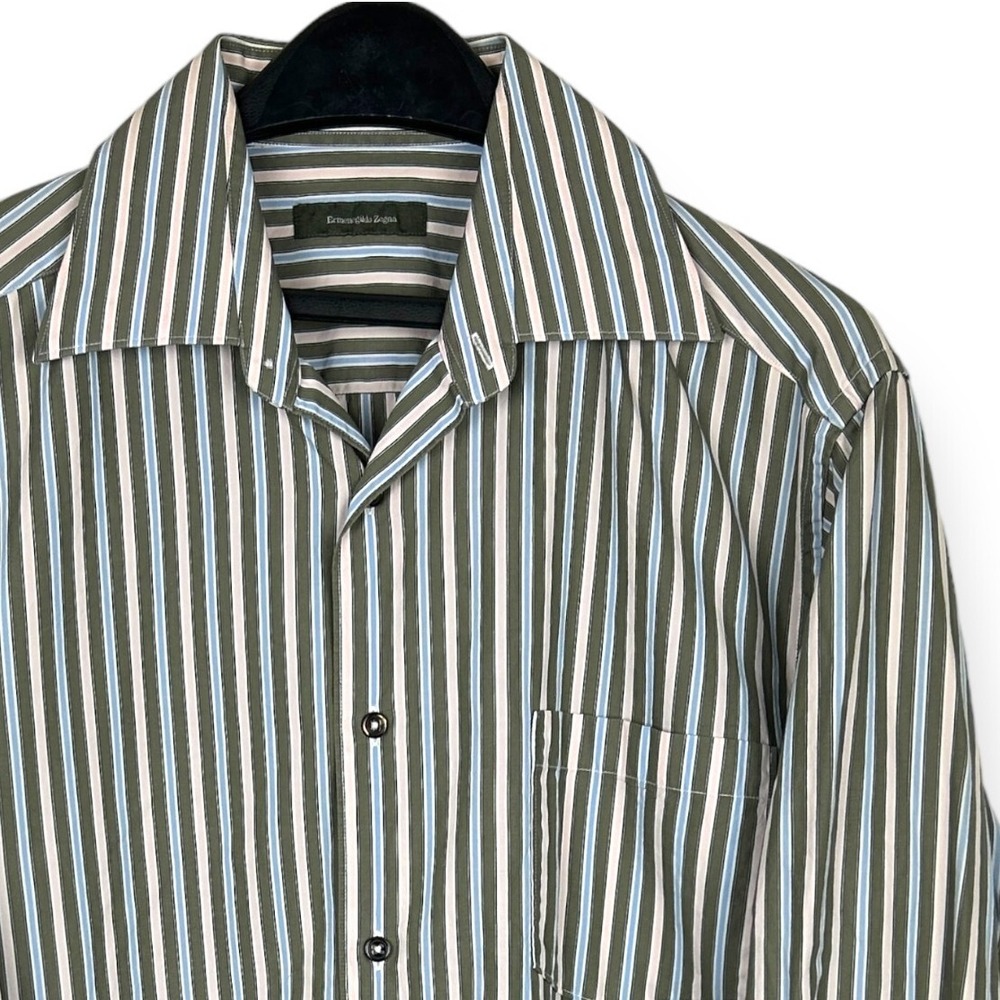 Ermenedgildo Zegna Men's Large Italy Button Up Cotton Striped Green **30" sleeve